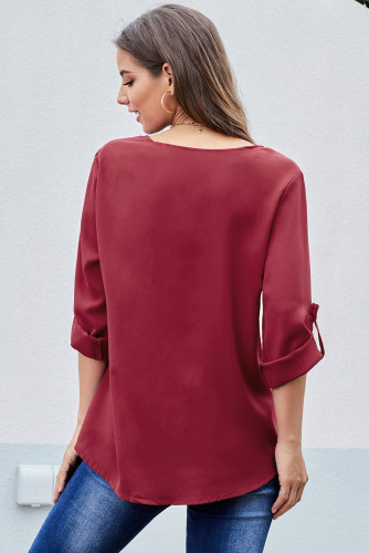 Red Casual V Neck Zip up Half Sleeve Blouse