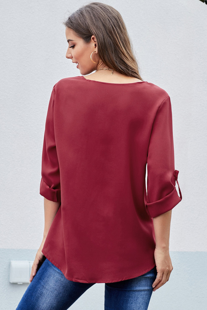 Red Casual V Neck Zip up Half Sleeve Blouse