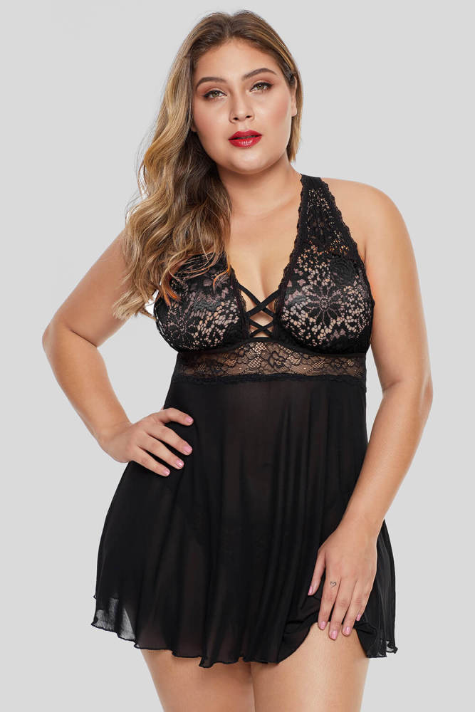 Black Plus Size Lattice Babydoll Set
