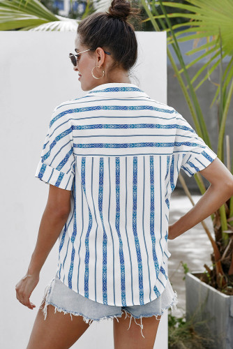 White V Neck Stripes Roll up Sleeve Button Down Shirt