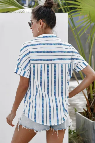 White V Neck Stripes Roll up Sleeve Button Down Shirt