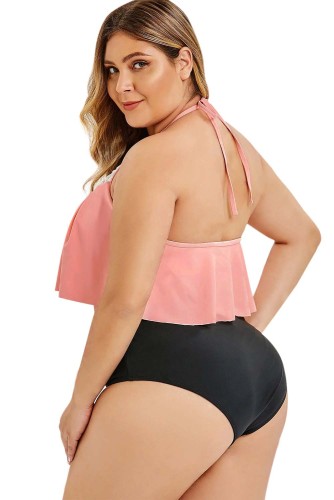 Pink Halter Crochet Panel Overlay Plus Size Tankini Set
