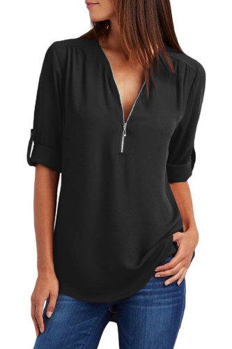 Black Casual V Neck Zip up Half Sleeve Blouse