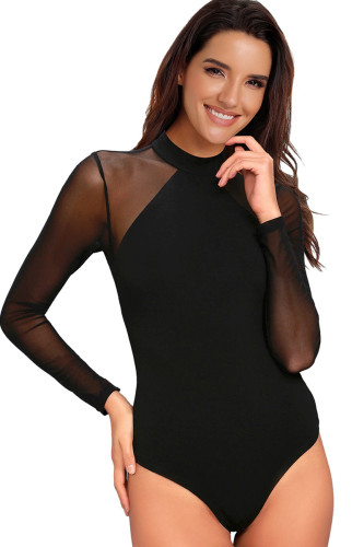 Entrancing Black Mesh Long Sleeve Bodysuit