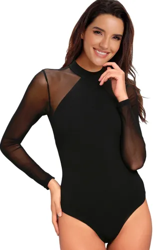 Entrancing Black Mesh Long Sleeve Bodysuit