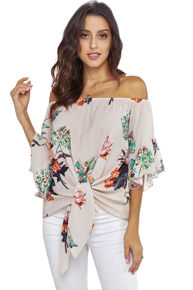 Apricot Off Shoulder Floral Tie Front High Low Chiffon Blouse