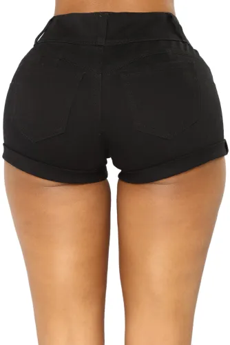 Black Mid Rise Triple Button Stretch Denim Shorts