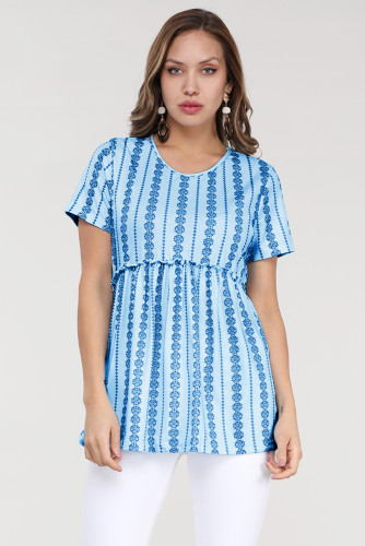 Sky Blue Short Sleeve V Neck Floral Print Peplum Tunic Top