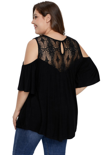 Black Plus Size Crochet Yoke Cold Shoulder Top