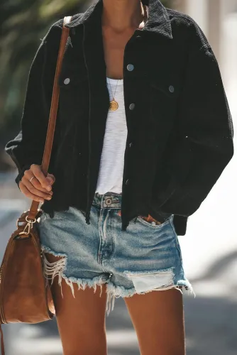 Black Distressed Cotton Cordury Jacket