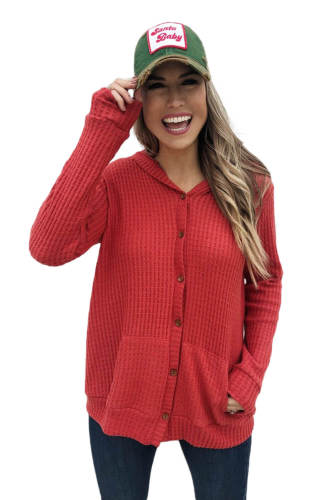 Red Open Front Pocket Button Down Knit Cardigan Coat