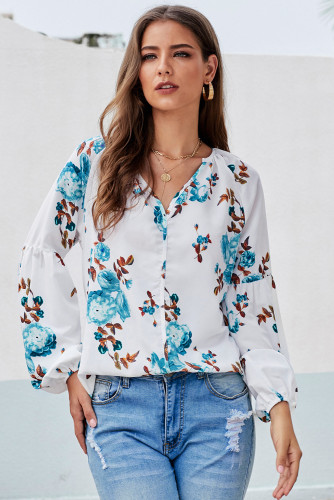 Green Ballon Sleeve Floral Shirt Top
