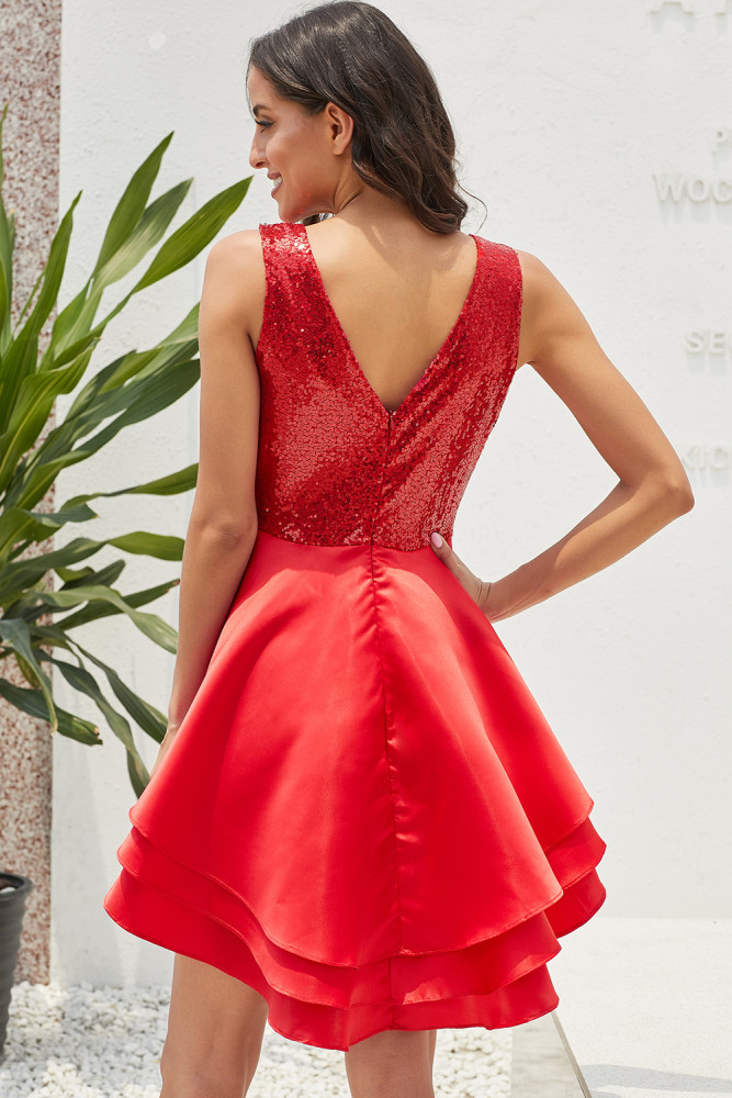 Heart Broken Red Gold Sequin Multi Layer Skater Dress
