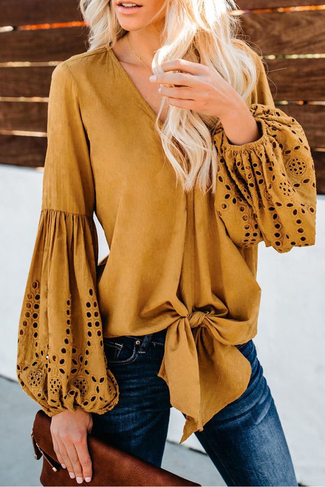 Yellow Rhapsody Cotton Balloon Sleeve Tie Top
