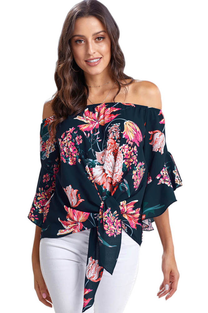 Blue Off Shoulder Floral Tie Front High Low Chiffon Blouse