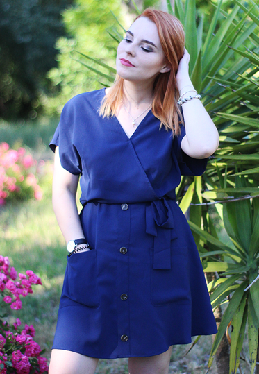 Blue Button Short Sleeve Casual Dress