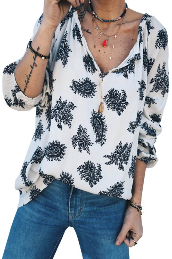 Blue 3/4 Sleeve Print V Neck Loose Casual Blouses Top