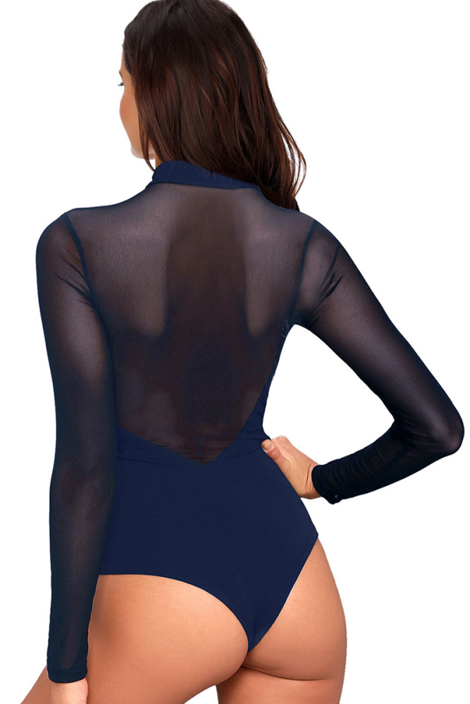 Entrancing Blue Mesh Long Sleeve Bodysuit