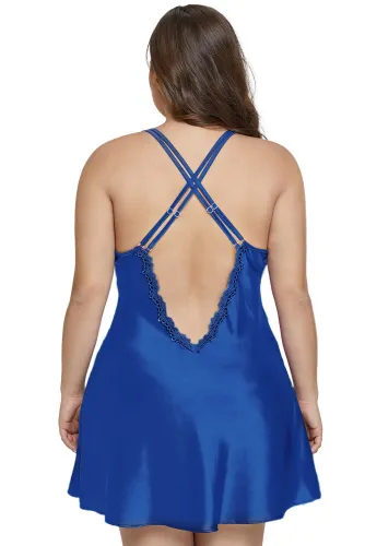 Blue Plus Size Satin and Lace Chemise Set