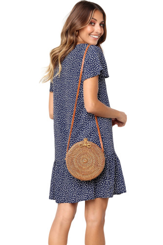 Blue Polka Dot V Neck Button Down Ruffles Short T-Shirt Dress