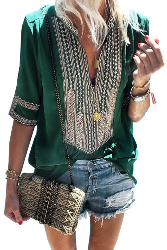 Green Elbow Length Sleeves Front Embroidery Blouse