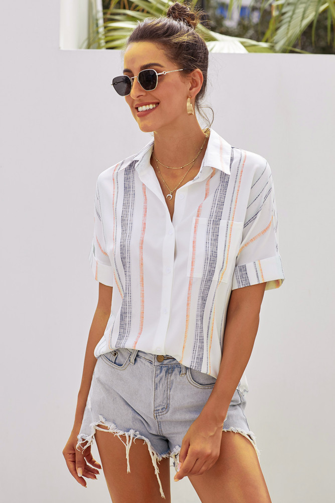 Orange V Neck Stripes Roll up Sleeve Button Down Shirt