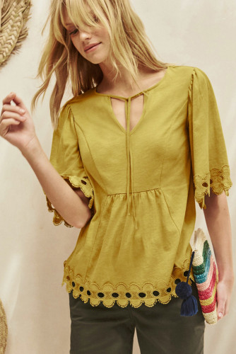 Yellow Lace Trim Elbow Sleeve Jersey Tunic Top