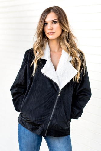 Black Fold Over Collar Zipper Plain Jacket