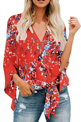 Orange V Neck Flared Sleeve Floral Blouse