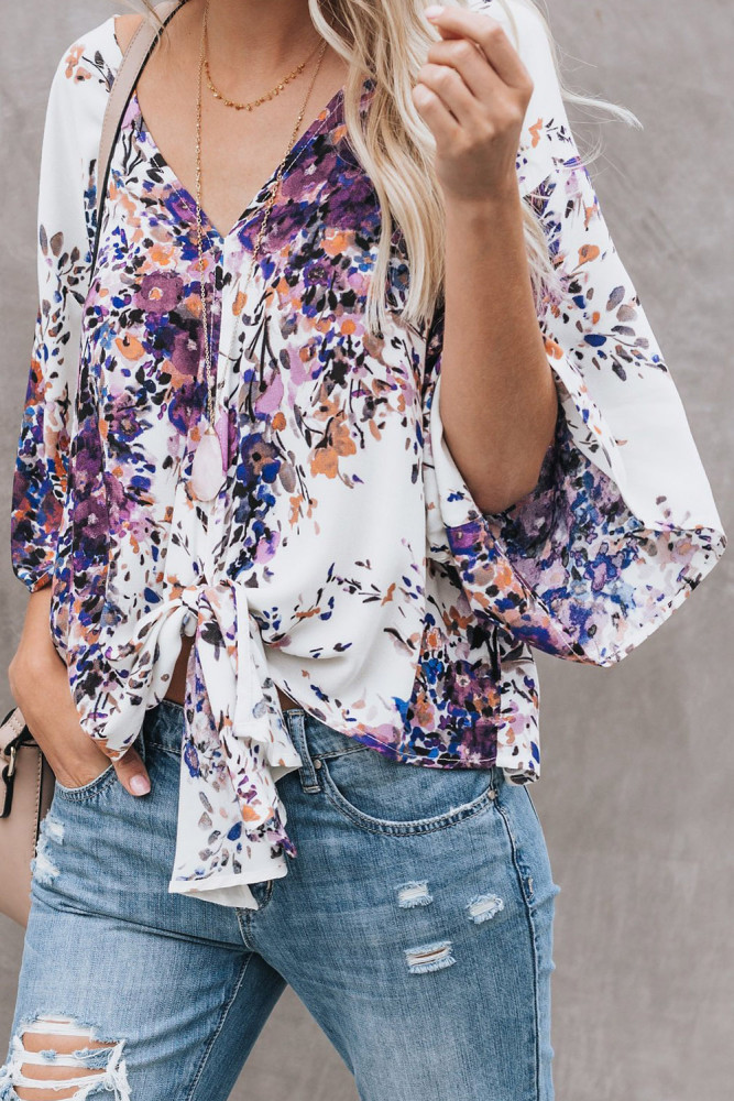 Purple Floral Printed Deep V Neck Tie Front Blouse