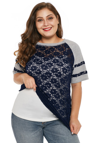 Blue Lace Panel Raglan Sleeve Plus Size T-shirt