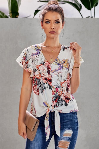 White Button Down V Neck Ruffle Cap Sleeve Tie Knot Blouse