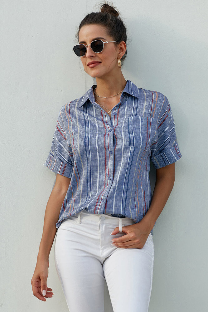 Blue V Neck Stripes Roll up Sleeve Button Down Shirt