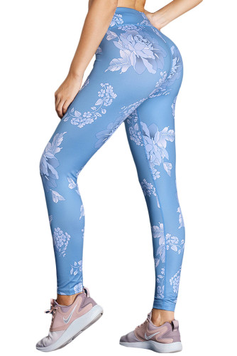 Blue High Waisted White Pattern Detail Stylish Leggings