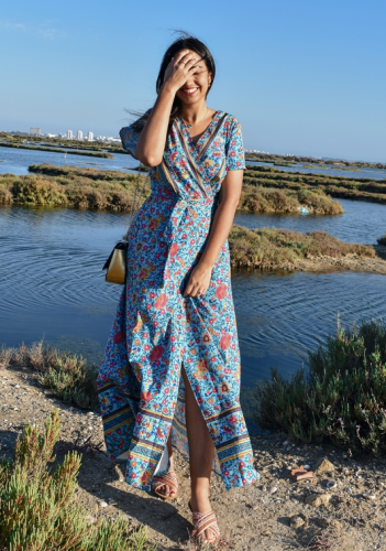 Sky Blue V-Neck Beach Resort Printed Dress