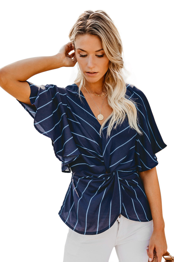 Blue Twist Front V Neck Blouse