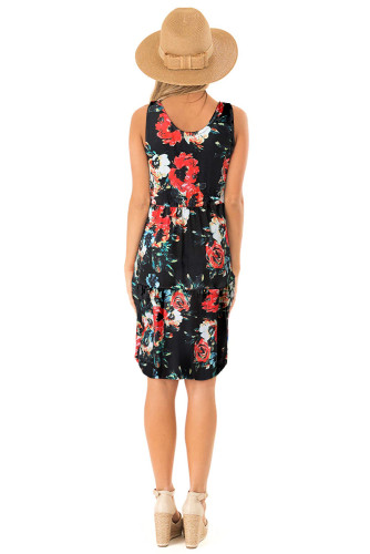Black Floral Print Sleeveless Button up Dress