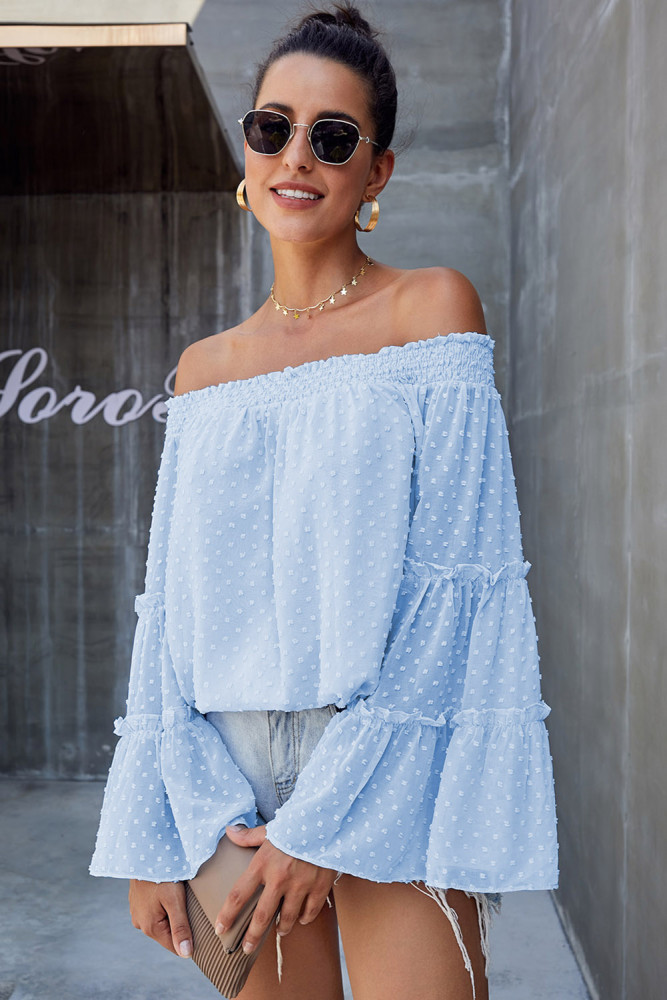 Sky Blue Swiss Dot Off The Shoulder Top