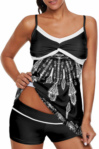 Black Twist Pleated Bust Flared Tankini Set Swimsuit