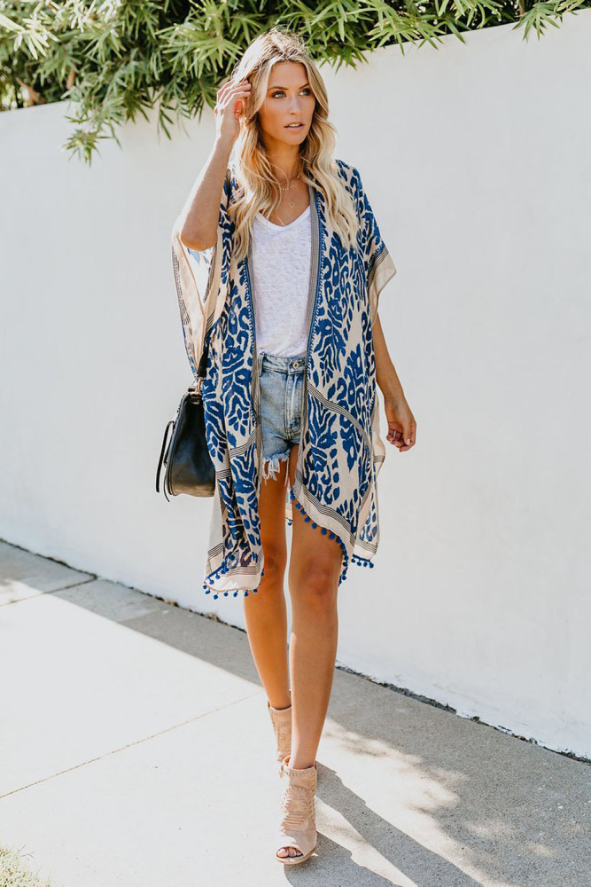 Blue Prowess Pom Pom Kimono