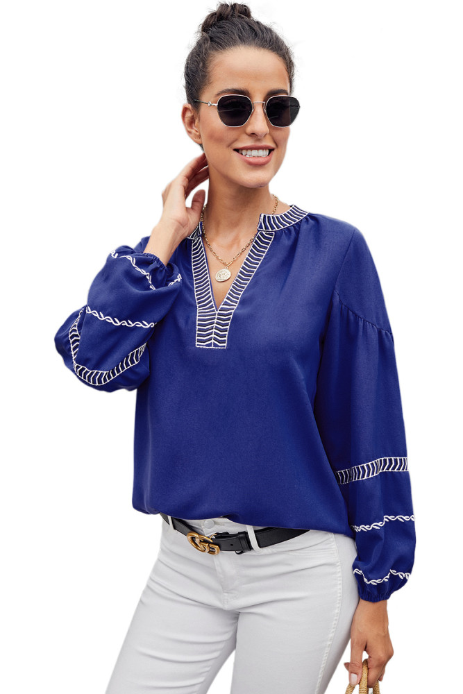 Blue V Neck Bohemian Printed Lantern Sleeve Blouse