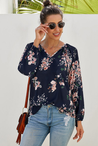 Blue Floral Print Peasant Blouse