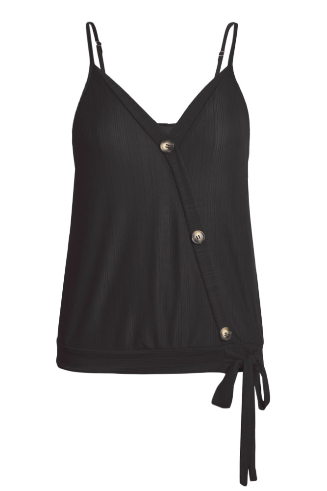 Black Surplice V Neckline Tank Top with Buttons