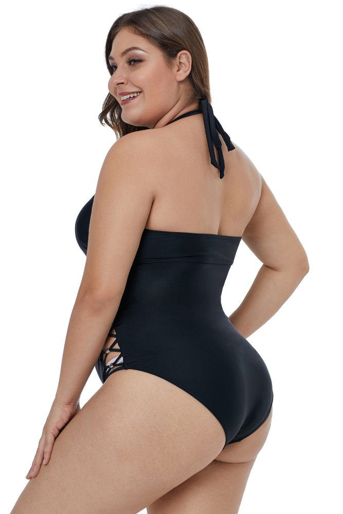 Black Crisscross Hollow-out Side Plus Size Maillot