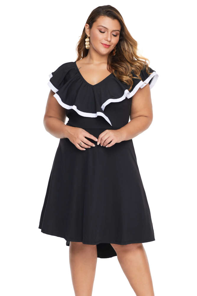 Black Frill Dip Hem Plus Size Dress