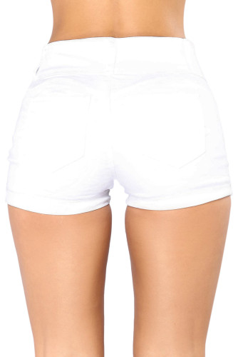 White Mid Rise Triple Button Stretch Denim Shorts