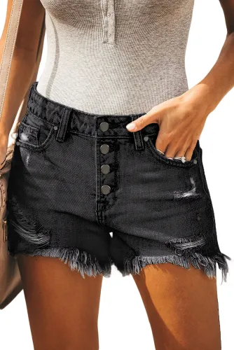 Black High Rise Cut Off Denim Shorts