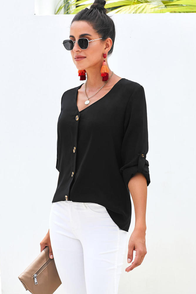 Black Button Down V Neck Sleeve Tie Shirt