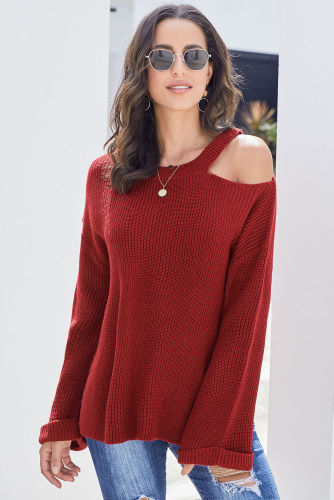 Red Asymmetric Cut out Shoulder Pullover Sweater