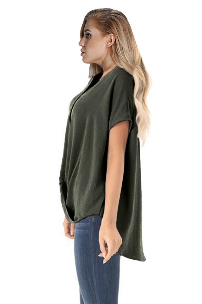 Green Short Sleeve Button up Blouse with Twisted